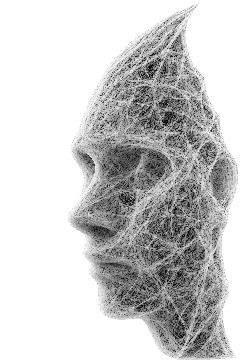 Glowing wireframe mesh of a human face in profile